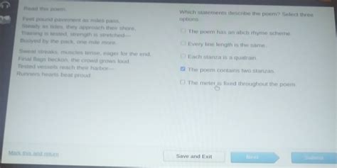 Solved: Read this poem. Which statements describe the poem? Select three Feet pound pavement as ...