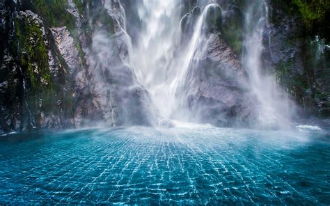 Stirling Falls waterfalls, Fiordland, cliffs, South Island, New Zealand ...