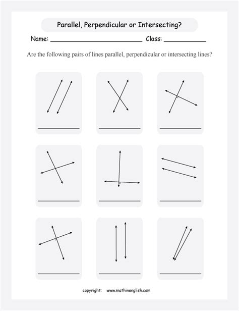 Math geometry worksheet based of parallel, intersecting and perpendicular lines.