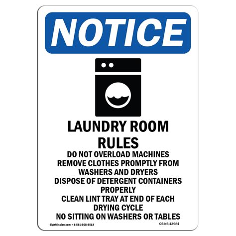 OSHA Notice Sign - Laundry Room Rules Sign With Symbol 14" X 10" Decal ...