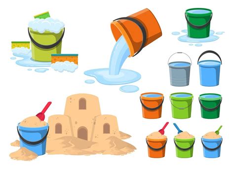 Bucket with water and sand clipart vector design illustration set ...