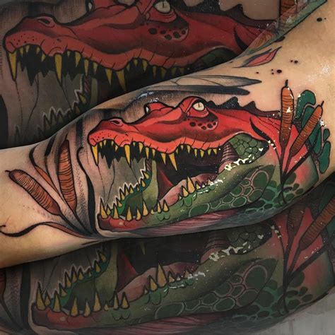 Crocodile Arm Tattoo, Neo-Traditional Style