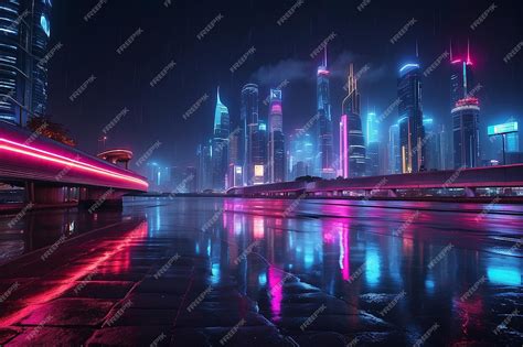 Premium AI Image | Craft a futuristic city skyline at night where neon ...