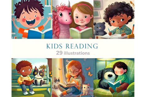 Cartoon kids reading books Illustrations for children's book