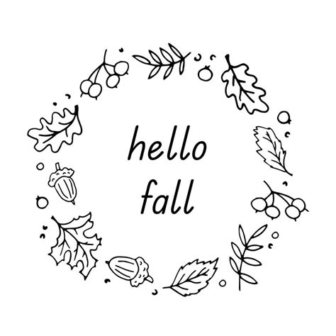 Hello, fall. A hand-drawn vector black-and-white illustration with an inscription in the style ...