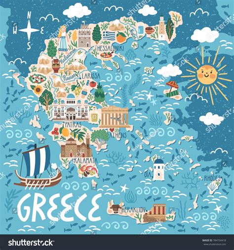 Vector stylized map of Greece. Travel illustration with greek landmarks, building, plants and ...