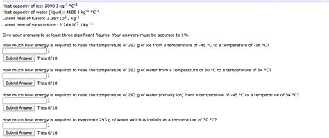 Solved Heat capacity of ice: 2090 J kg−1∘C−1 Heat capacity | Chegg.com