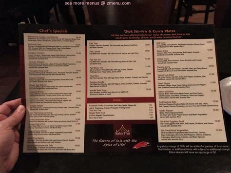 Menu at Bahn Thai Restaurant, Tallahassee