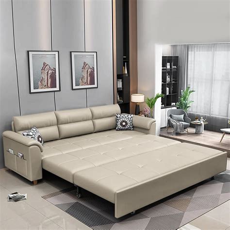 74" Beige Full Sleeper Convertible Sofa with Storage & Pockets Sofa Bed ...