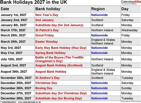 Bank Holidays 2027 in the UK, with printable templates