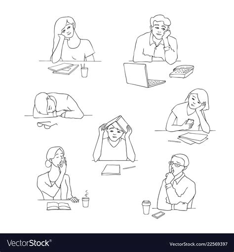 Sketch young bored tired students set Royalty Free Vector