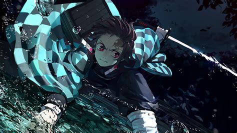 Demon Slayer Tanjiro Kamado Wearing Blue And Black Checked Dress With Sword With Black ...