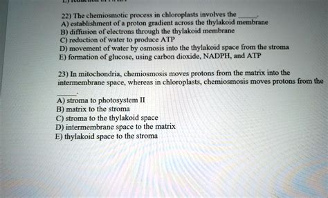 Chemiosmosis in Chloroplasts Involves Which of the Following Processes