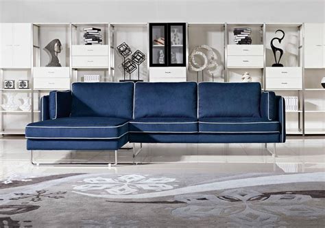 Contemporary Blue Fabric Sectional Sofa with White Piping Boston ...