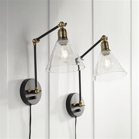 360 Lighting Wray Black And Brass Glass Shade Plug-In Wall Lamp Set Of 2 - Walmart.com | Plug in ...