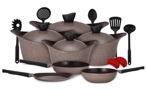 Lahoya 17 Pcs Ceradeux/Granite Cookware Set Aluminum Chocolate Marble Nonstick Coating Stock Pot ...