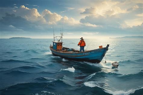 Premium AI Image | fisherman and fishing boat floating in the sea