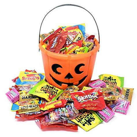 Halloween Gift Orange Bucket with Assorted Candies, Starburst, Skittles, Sour Patch Kids ...