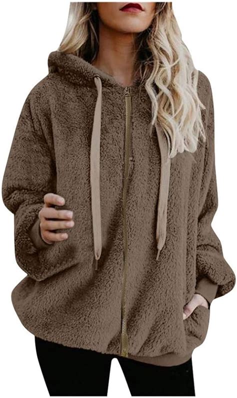 Womens Plus Size Fleece Full Zip Hoodie Casual Furry Jacket Baggy Hooded Wool Sweatshirts Warm ...