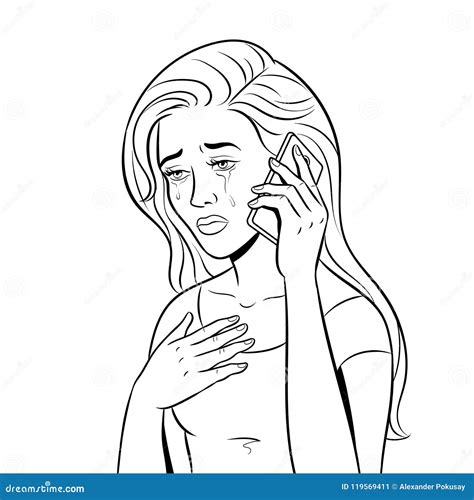 Crying Girl with Phone Coloring Vector Stock Vector - Illustration of news, woman: 119569411