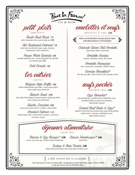 Pour La France! menu in Denver, Colorado, USA