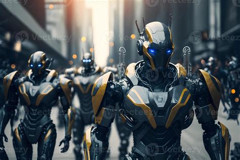 Many modern futuristic male humanoid robots with metal outfit. Neural ...