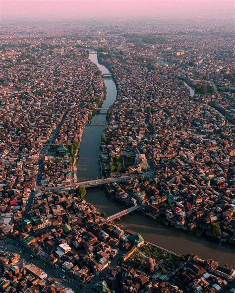 Aerial view of old city of Srinagar, the largest city and summer ...