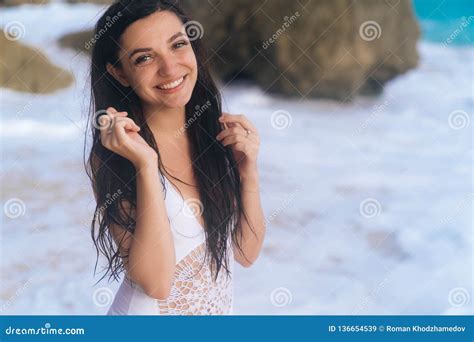 Portrait of Happy Laughing Girl Resting on Beach Background of Ocean Stock Image - Image of ...