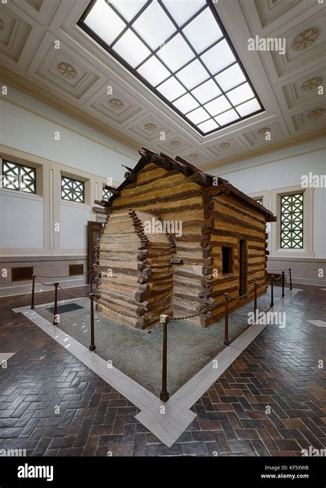 Log cabin inside the first Lincoln Memorial building at Abraham Lincoln Birthplace National ...