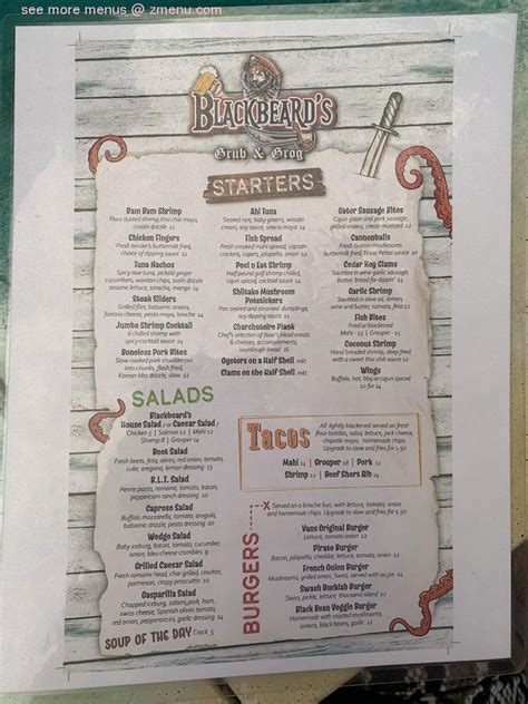 Menu at Blackbeard's Grub & Grog restaurant, Tarpon Springs