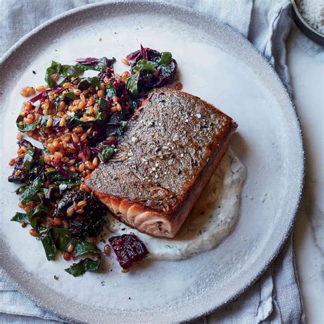 Caraway Salmon with Rye Berry-and-Beet Salad Recipe - Marco Canora