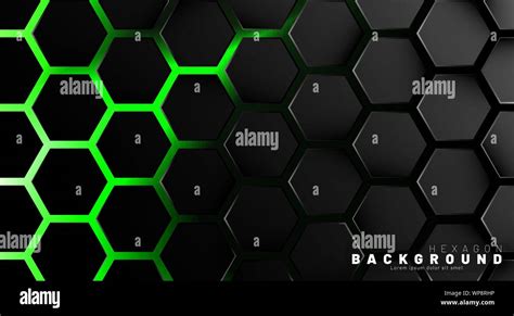 Abstract black hexagon pattern on green neon background technology style. Honeycomb. Vector ...