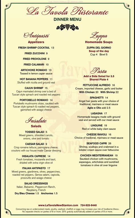 Online Menu of La Tavola Ristorante Restaurant, New Stanton, Pennsylvania, 15672 - Zmenu