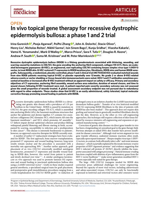 (PDF) In vivo topical gene therapy for recessive dystrophic epidermolysis bullosa: a phase 1 and ...