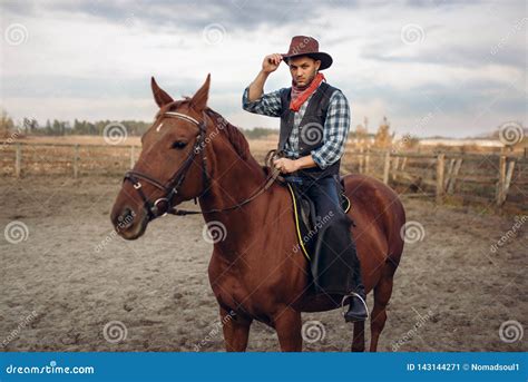 Cowboy Riding a Horse on a Ranch, Western Stock Image - Image of riding ...