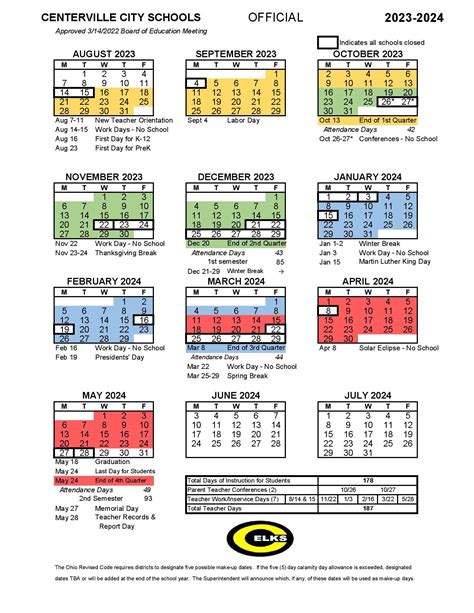 Centerville City Schools Calendar 2024-2025 (Ohio)