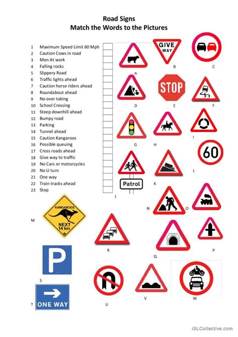 Road Signs picture description: English ESL worksheets pdf & doc