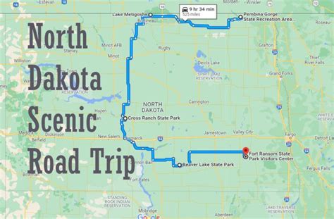 the north dakota scenic road trip is shown in red and blue on a green map