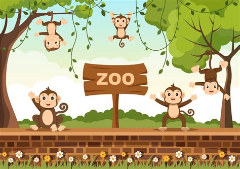 Zoo Cartoon Illustration with Safari Animals Monkey, Cage and Visitors on Territory on Forest ...