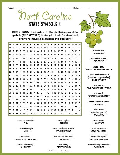 State Symbols of North Carolina Word Search