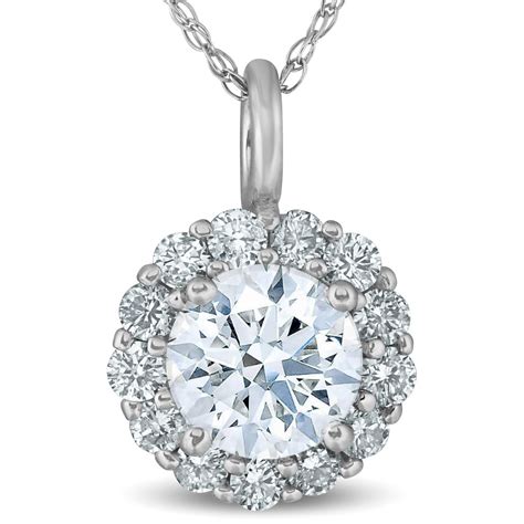 1 Ct Halo Diamond Pendant Necklace 18" 14k White Gold