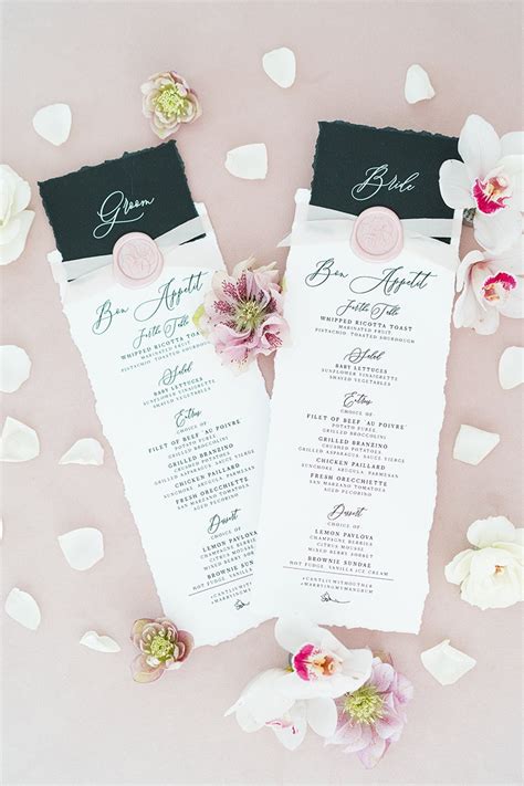 Place Card Wedding Menu Combination in Black, White & Blush with Torn Edges, Calligraphy Script ...