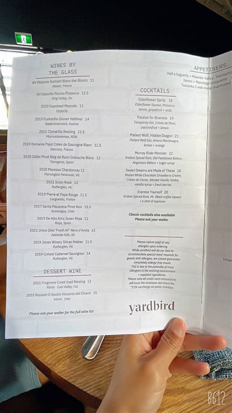 Menu at Yardbird Restaurant, Albury