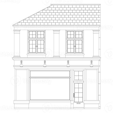 French old Building Facade Coloring page. Two-story front view with large windows. European ...