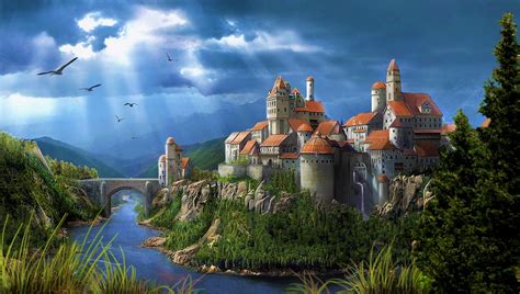 Download River Bridge Landscape Fantasy Castle HD Wallpaper