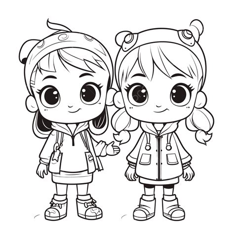 Two Children Standing Together On A Black And White Coloring Page Outline Sketch Drawing Vector ...