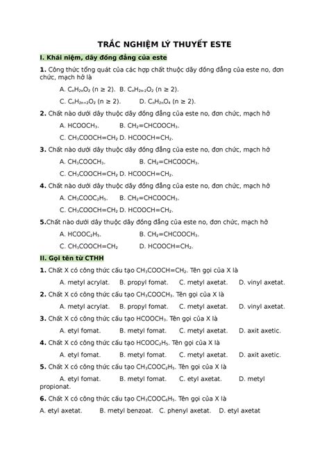 Bài tập este cơ bản - AAAAAA - TRẮC NGHIỆM LÝ THUYẾT ESTE I. Khái niệm, dãy đồng đẳng của este ...
