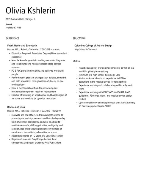 Robotics Technician Resume Samples | Velvet Jobs