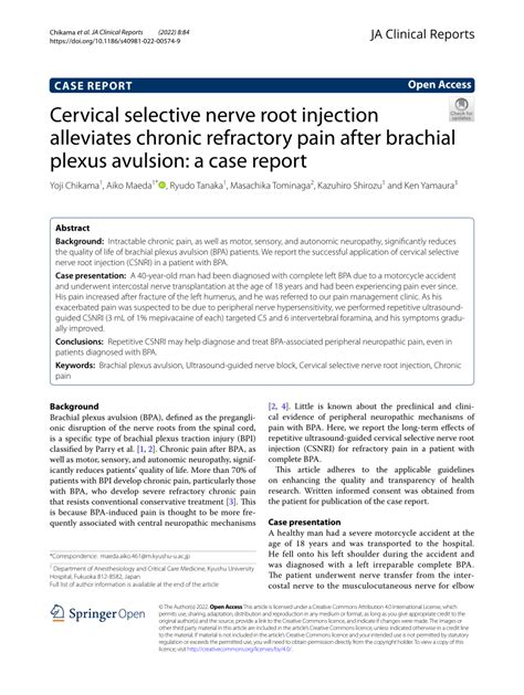 (PDF) Cervical selective nerve root injection alleviates chronic refractory pain after brachial ...