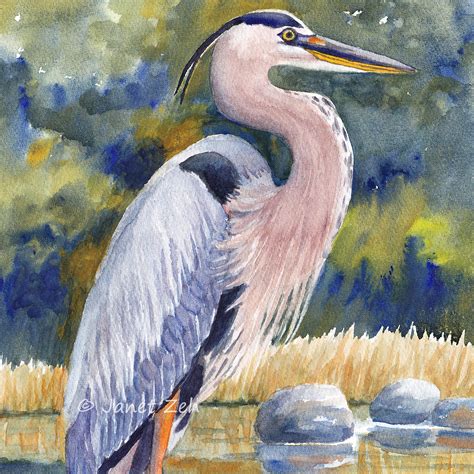 Original painting Great Blue Heron landscape - munimoro.gob.pe